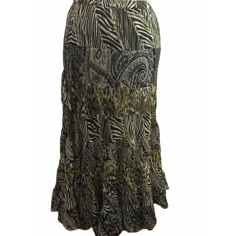 SOLITAIRE Green Animal/Paisley Print Elastic Waist Lined Maxi Skirt Sz L